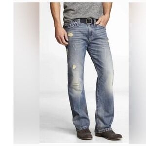 Men's Express Kingston Distressed Bootcut Blue Denim Jeans ~ 36x30